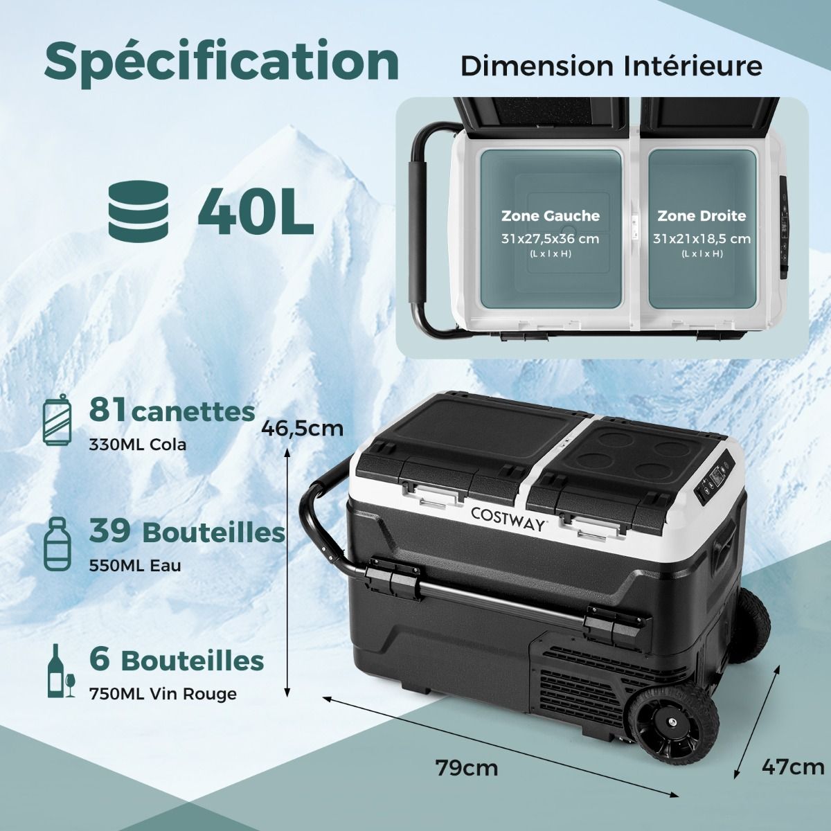 Glacire lectrique Portable Double Zone 40L Rfrigrateur de Voiture 12 V Compresseur -20鈩兟爚聽20鈩12/24V CC et 100-240V CA Noir -