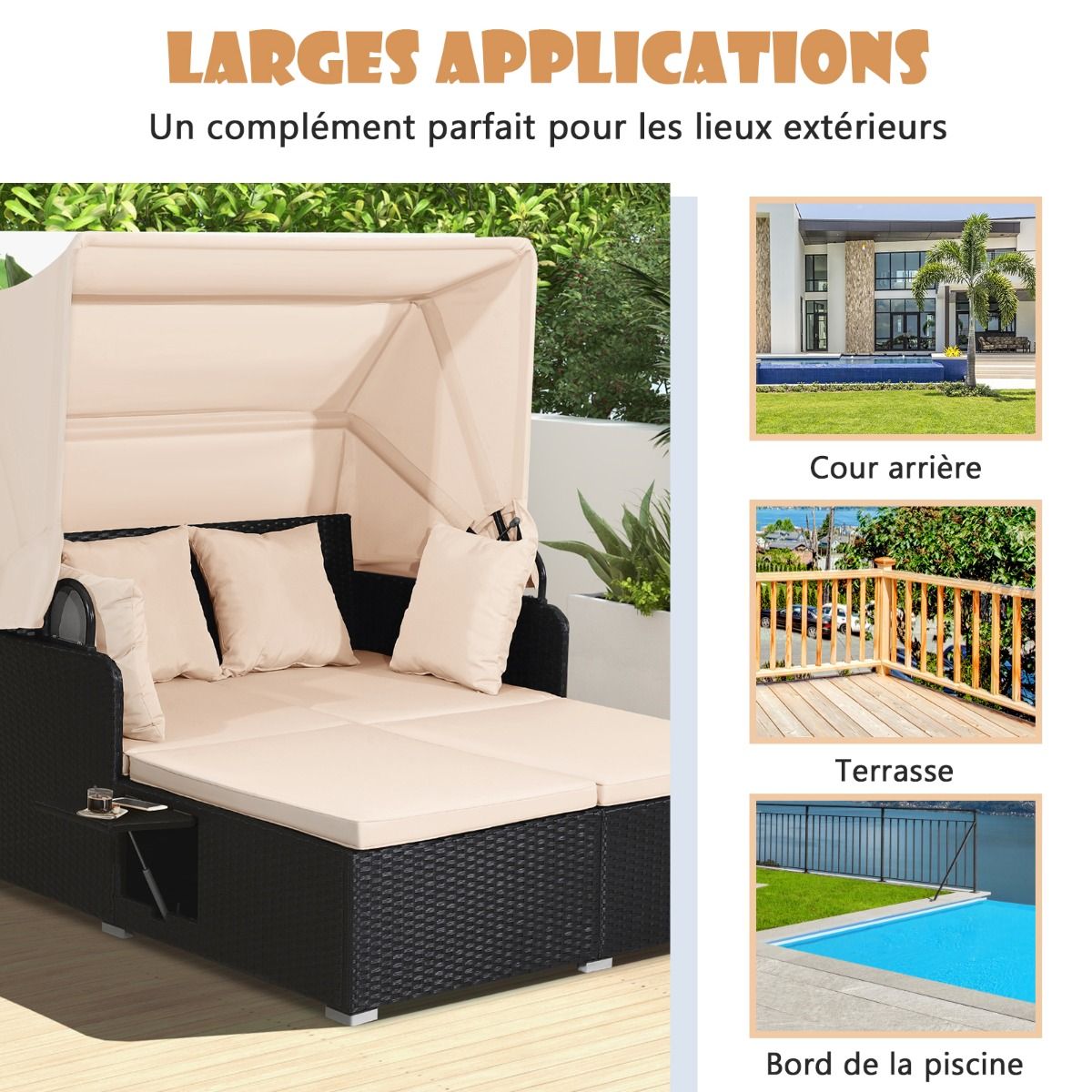 Chaise Longue à 2 Places en Rotin avec Auvent Rétractable Bain de Soleil avec Panneaux Latéraux Pliables Charge 360KG Beige/Gris