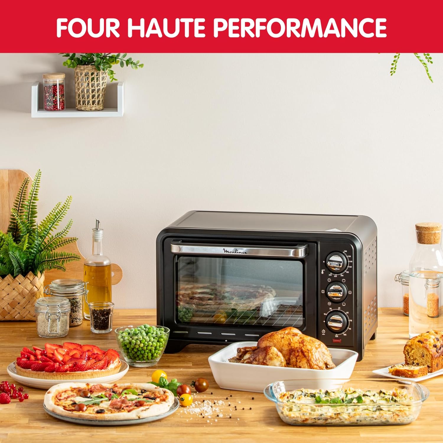 Moulinex Four électrique 39 L, 7 modes de cuisson, Chaleur tournante, Thermostat réglable jusqu’à 240° C, Tournebroche, Minuteur 120 min, Grille réversible, Optimo noir OX485810