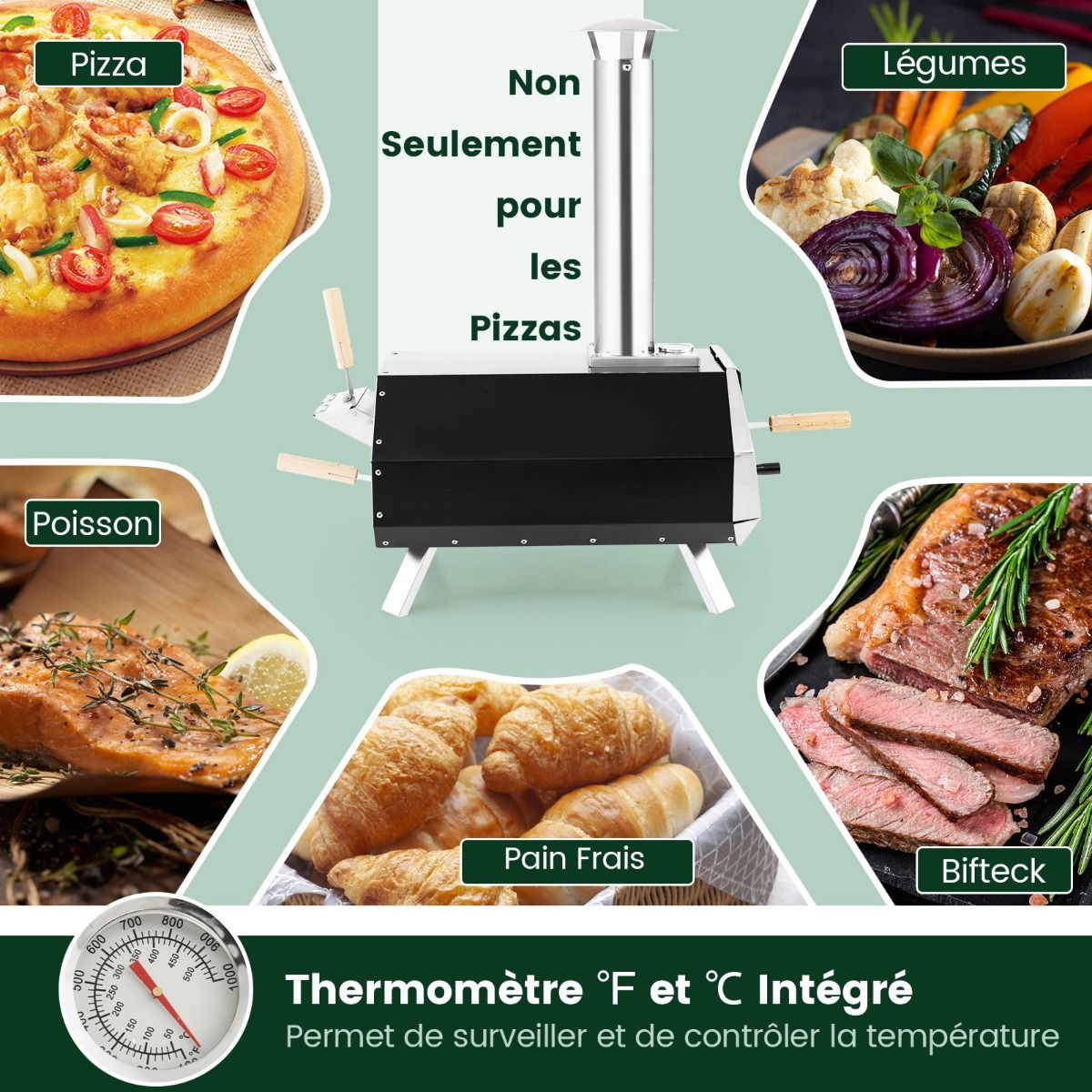 Four Pizza Extrieur en Acier Inoxydable avec Pierre Pizza de 30,5cm Four Bois pour Pizza avec Pelle Pare-feu Pieds Pliables -