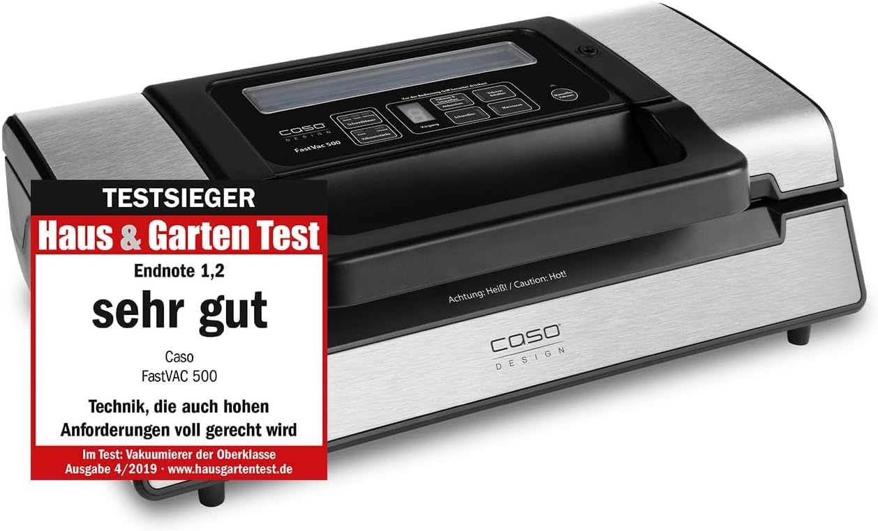 Caso FastVac 500, Professional Commercial Vacuum Sealer, Stainless Steel, Double Piston Pump, 15 Litres/Minute, Includes 2 Free Foil Rolls
