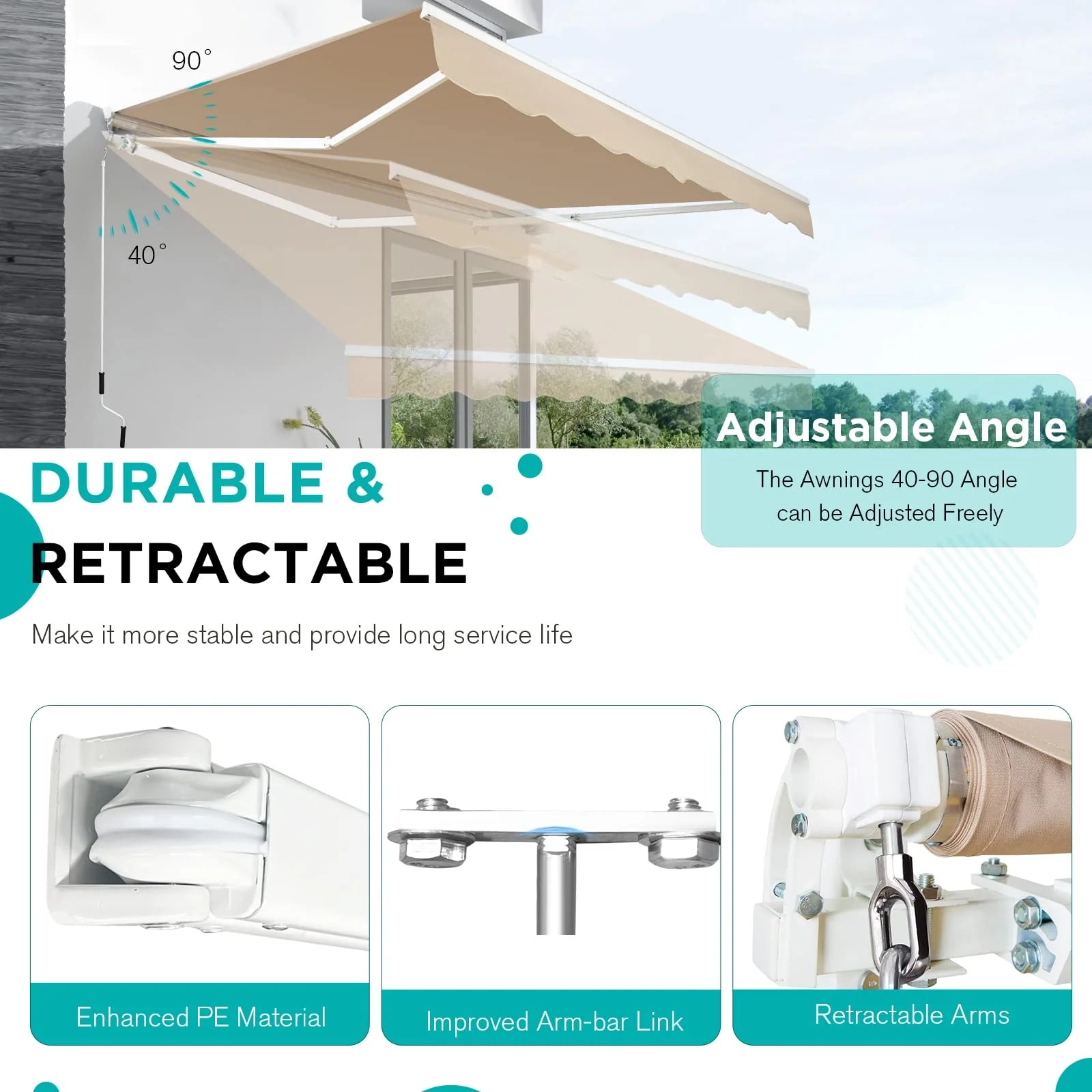 AECOJOY 10'×8' Manual Retractable Awning Sun Shade, Patio Awning Canopy