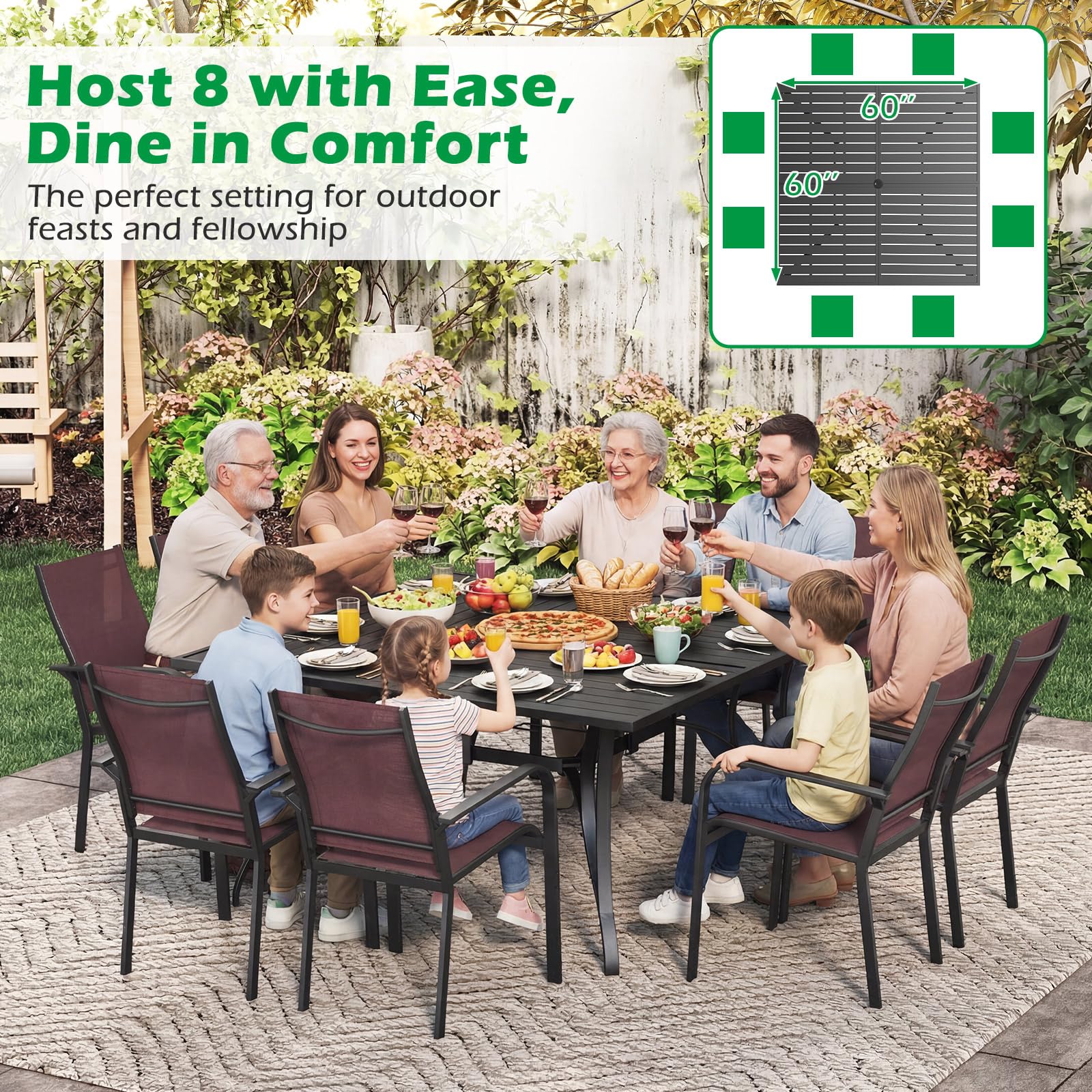 Tangkula 60" x 60" Metal Patio Dining Table for 8(60" x 60")