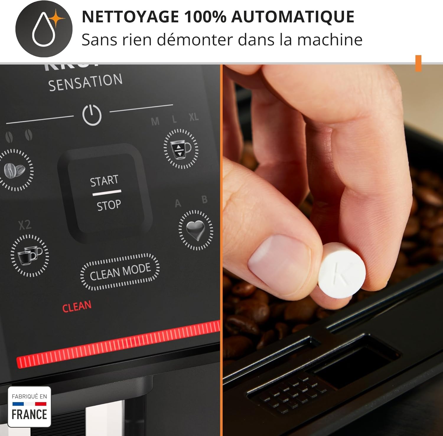 Krups Sensation C50, Machine à café grains, machine expresso, 5 boissons accès direct, Interface tactile, Facile à utiliser, Nettoyage automatique, Buse vapeur Cappuccino, Fabriqué en France EA910810